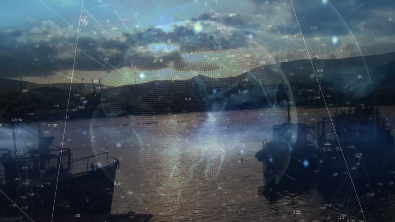 Animation of globe and network of connections over landscape