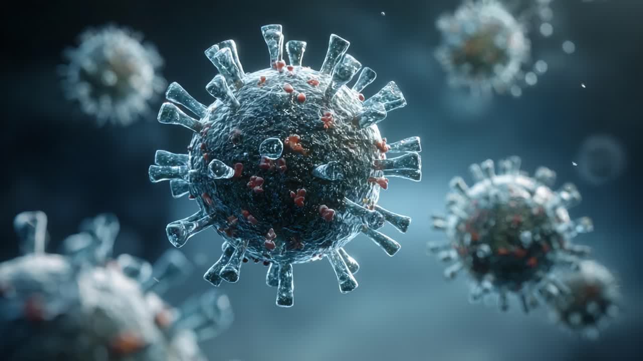 Visualizzazione microscopica di particelle virali che mostrano la struttura complessa e le caratteristiche di un virus, evidenziandone la morfologia unica e le caratteristiche superficiali