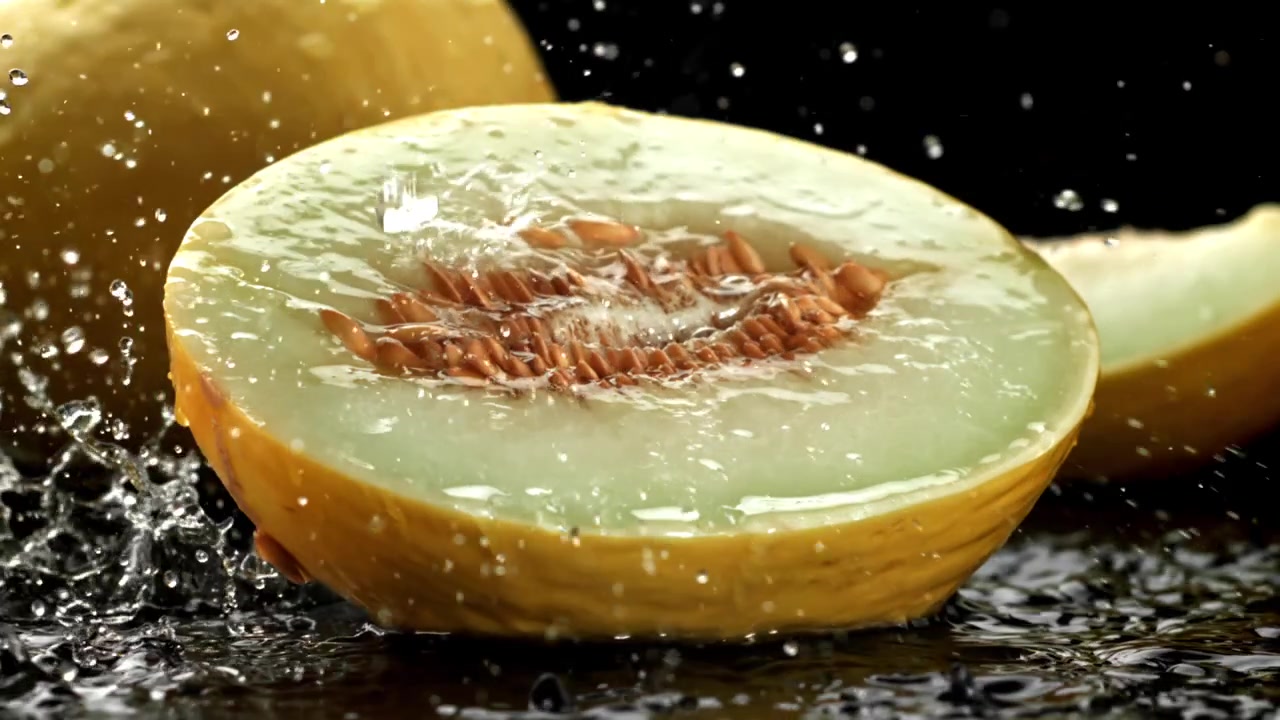 Water Splashing on a Freshly Cut Honeydew Melon Half