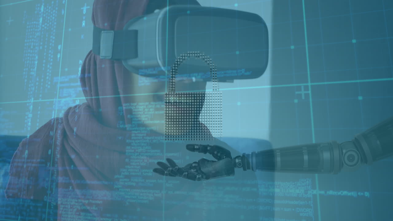 Animation of online security padlock over robot's arm and woman wearing vr headset in background