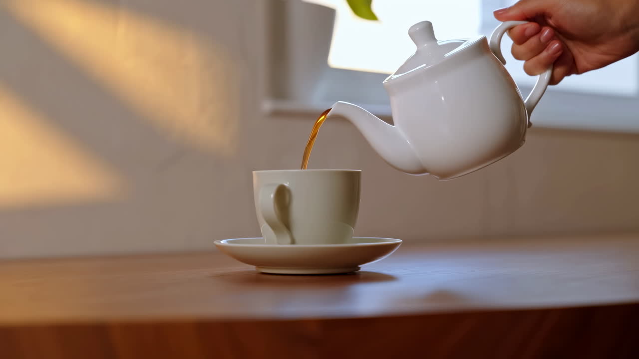 Una mano versa tè caldo da una teiera bianca in una tazza di ceramica.