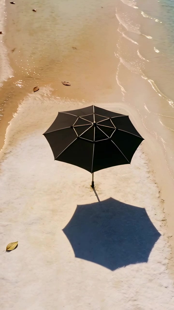 Video verticale: Telecamera che panoramica rivelando un ombrello nero su una stretta spiaggia sabbiosa, con l'ombra che si sposta