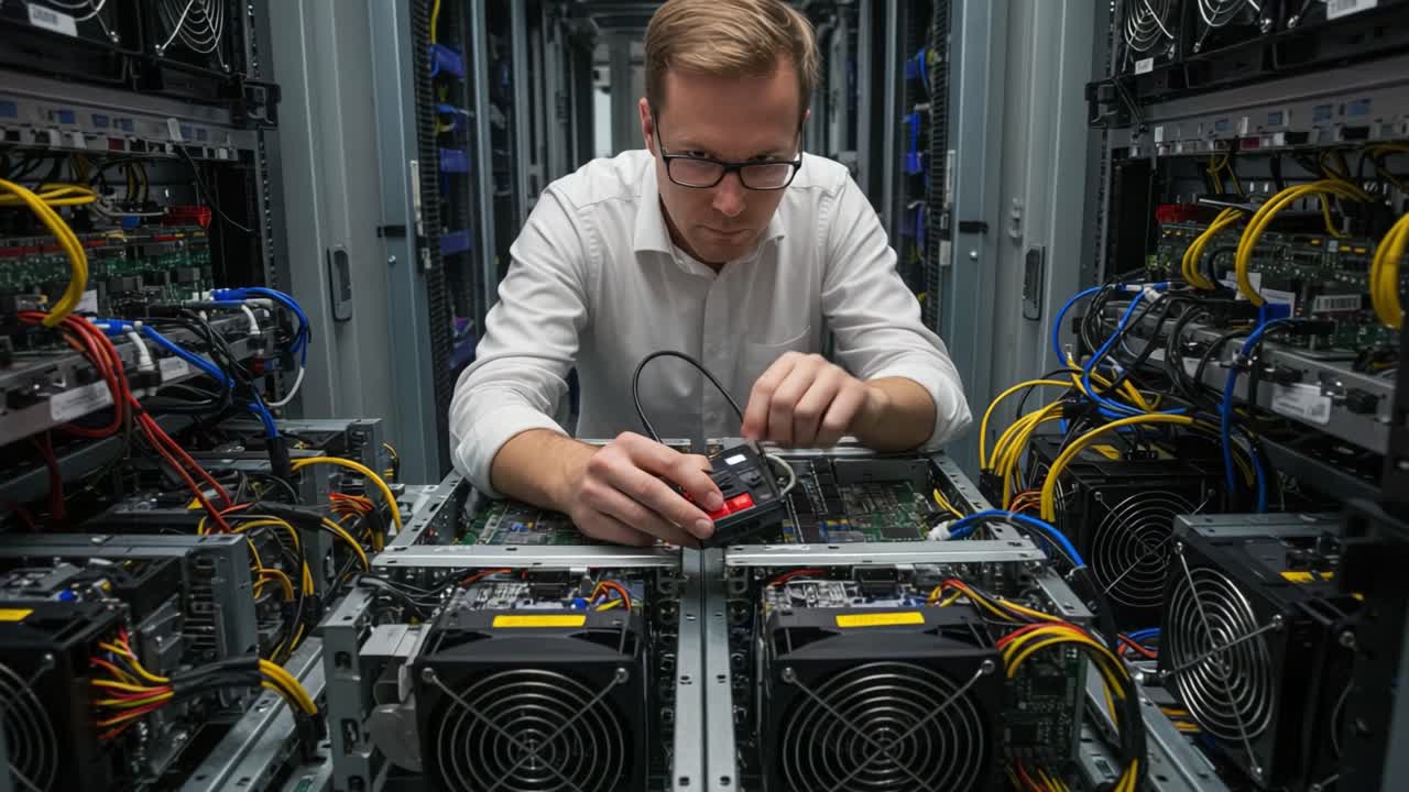 Technician Diagnosing Server Hardware Issues in a Data Center, Carefully Testing Components and Ensuring Optimal Performance for Data Management