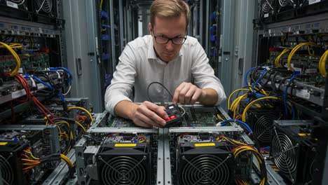 technician diagnosing server hardware issues in a data center, carefully testing components and ensuring optimal performance for data management