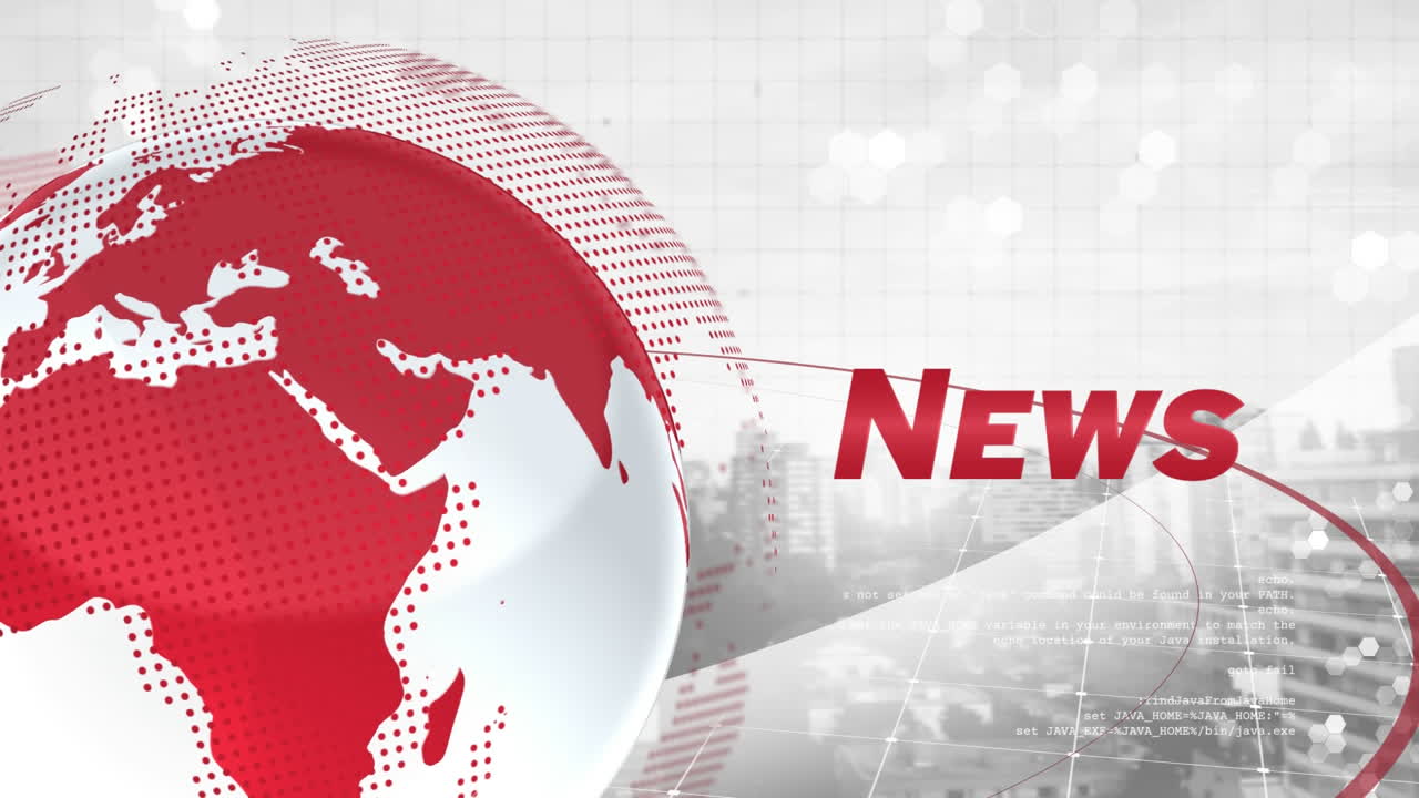 animazione del testo delle notizie con globo rosso fuori fuoco paesaggio cittadino