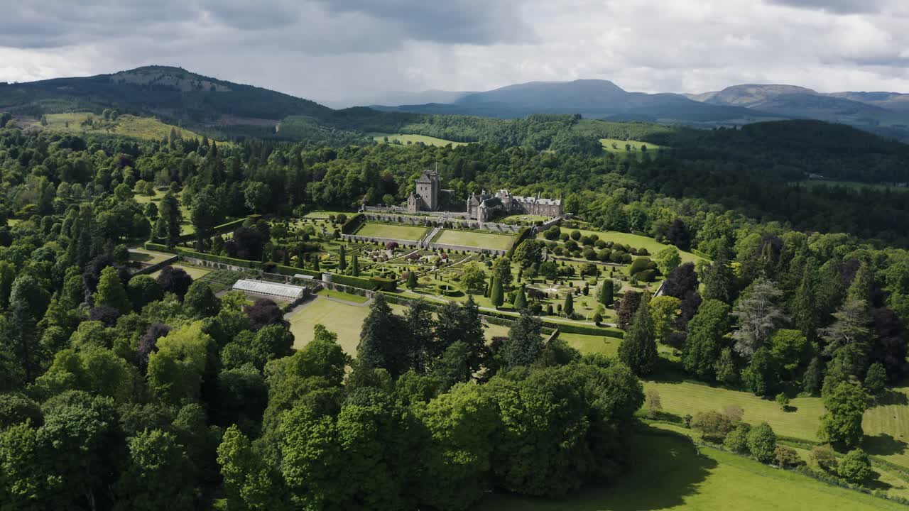 Drone shot of Scotland's Drummond Castle Gardens