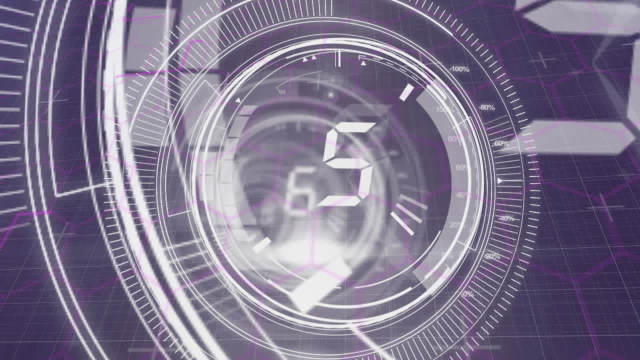 Animation of changing numbers in circles over lens flares against grid pattern in background