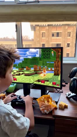 child playing minecraft on computer