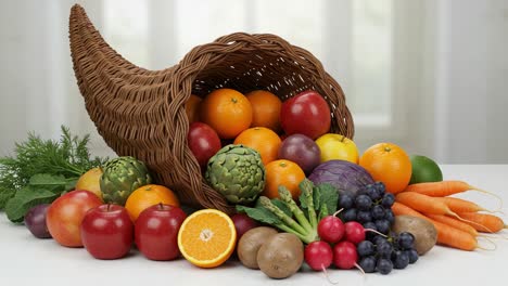 a beautiful display of fresh produce in a cornucopia, featuring various fruits and vegetables omnipresent in the scene, celebrating nature's abundance and harvest