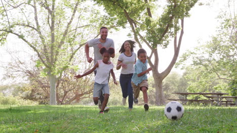disparo en cámara lenta de una familia jugando al fútbol en el parque juntos