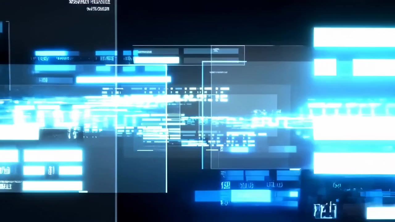 High Tech Blue Data Stream Interface Displays Scrolling Metrics, Layered Panels, Glowing Grids And Fast Moving