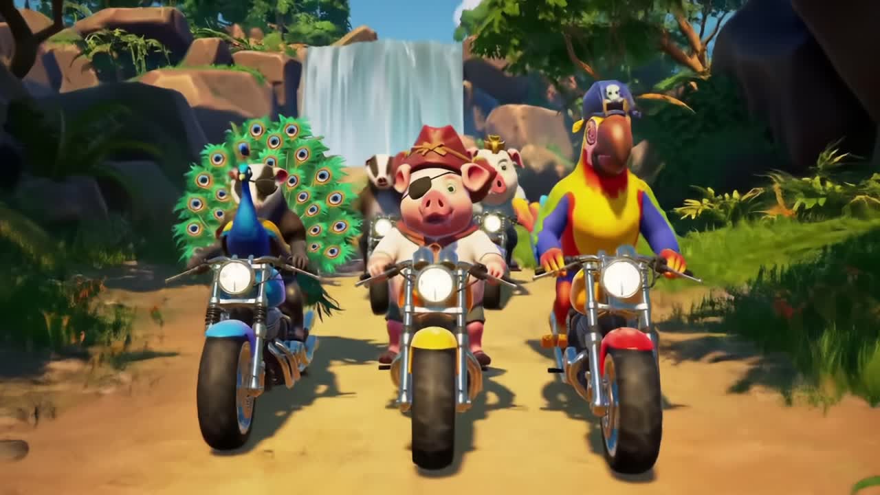 Adventurous Animals on Motorcycles: A Colorful Expedition Through Nature Featuring a Peacock, Pig, and Parrot Riding Together in a Lush Landscape