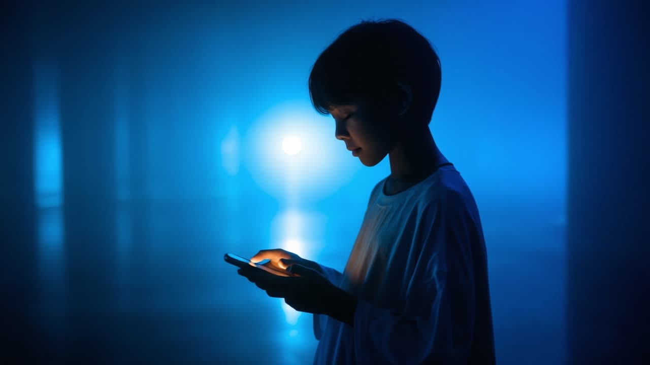 A Thoughtful Child Illuminated by a Smartphone in a Mysterious Blue Environment, Symbolizing Connection and Contemplation in the Modern Digital Era
