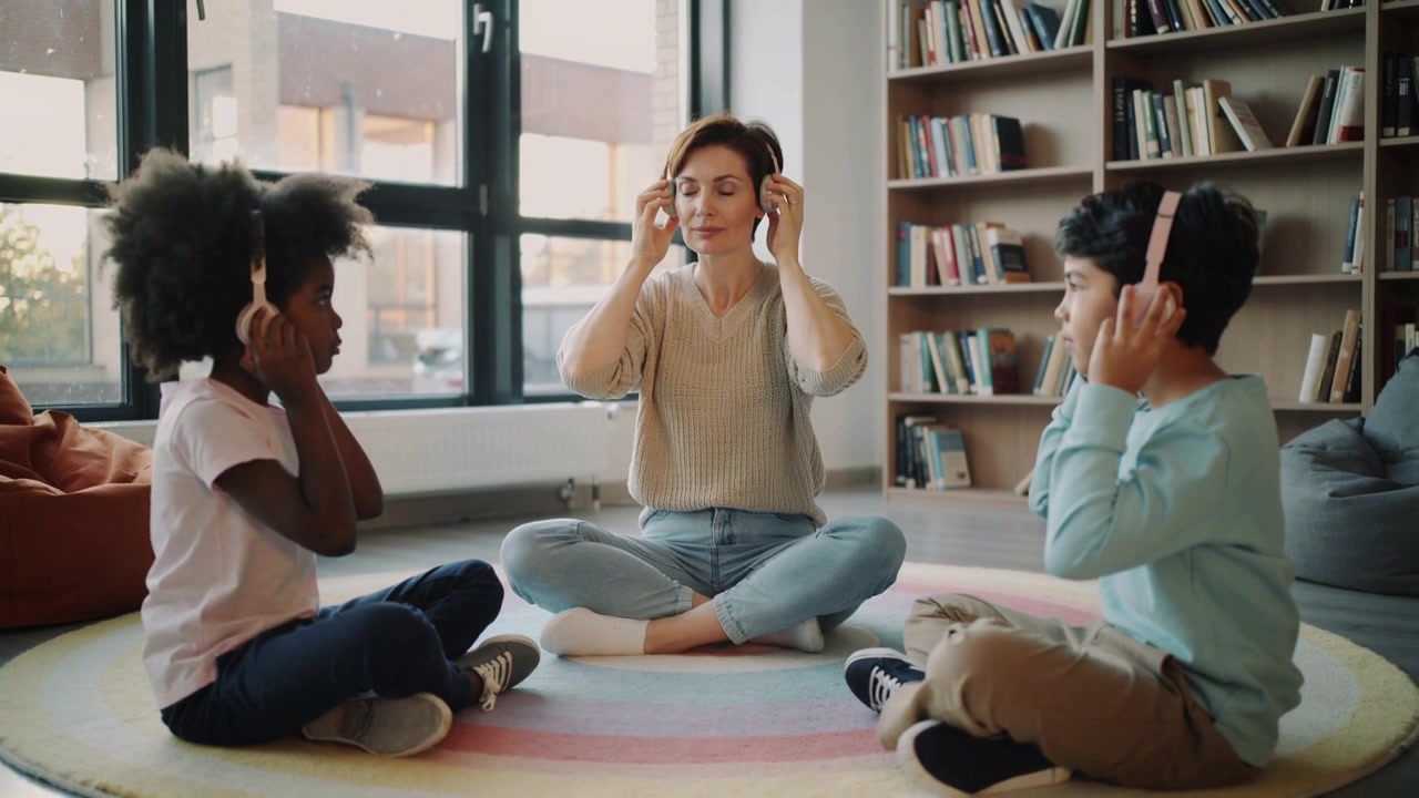 Colocando auriculares de diadema, maestra en el centro con suéter beige guiando la escucha en el rincón de lectura