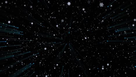 Animation-of-snowflakes-and-lights-moving-on-black-background