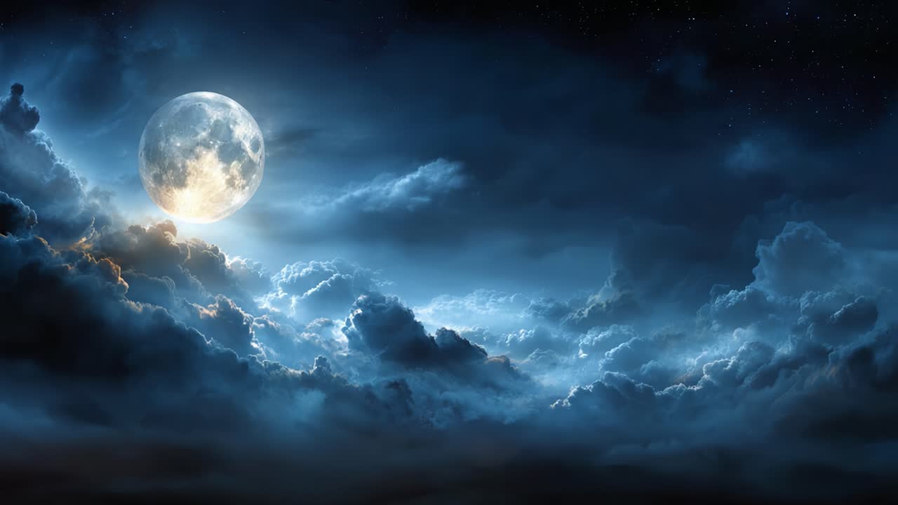 Majestic Full Moon Illuminating a Dramatic Cloudy Sky at Night, Creating a Mystical Atmosphere of Tranquility and Wonder in the Depths of the Universe