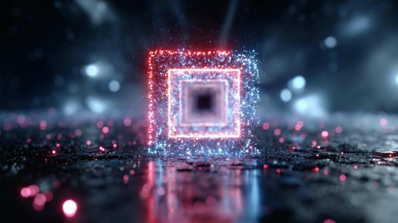 A mesmerizing visual of a glowing, abstract square portal emanating vibrant particles and lights, reflecting a futuristic digital realm and captivating atmosphere