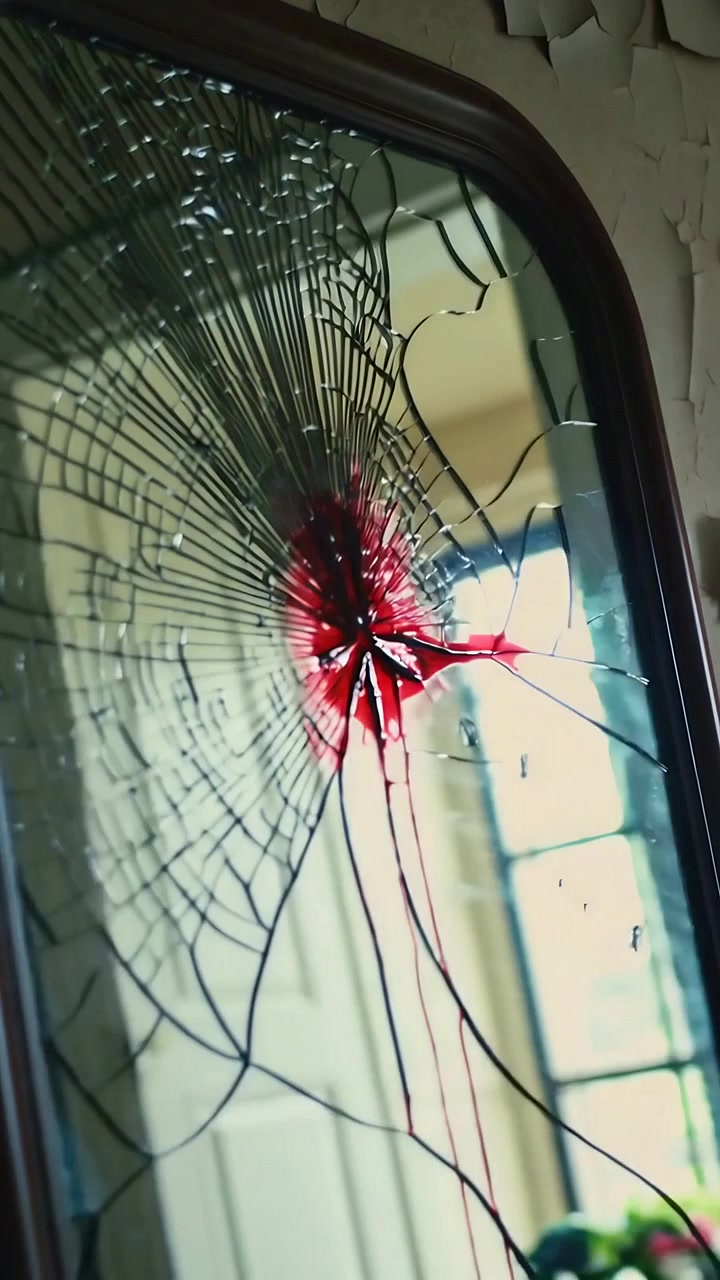 Vertical video: Showing framed mirror dripping red streaks after impact in room with peeling paint