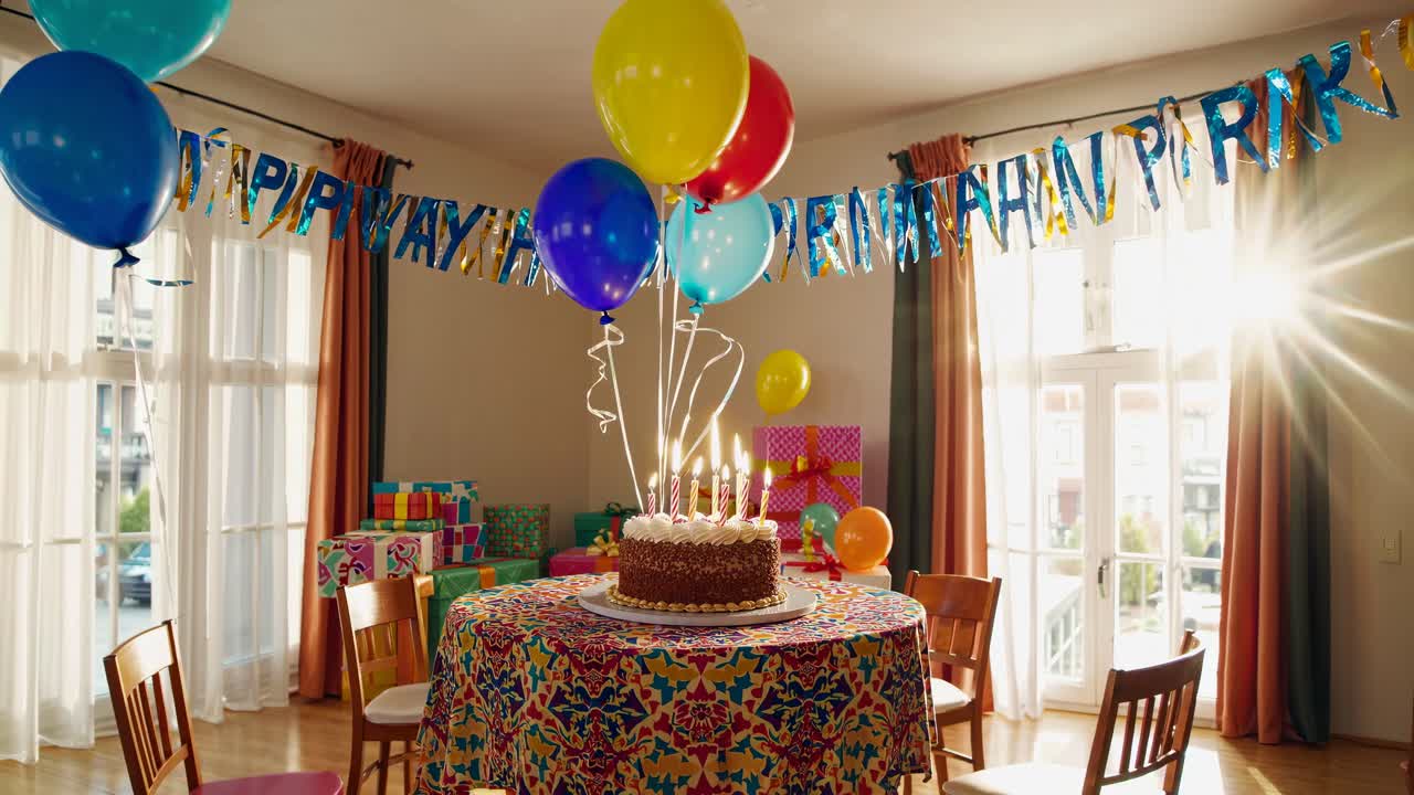 Wide-angle shot of a festive birthday setup with balloons, a cake, and gifts, capturing a warm