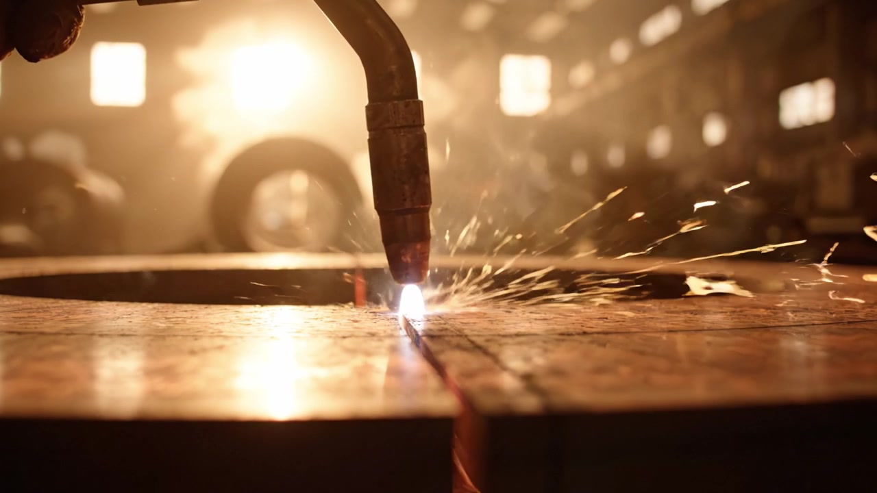 A Welder Using a Torch to Seamlessly Melt Metal on a Workbench, Sparks Flying in a Brightly Lit Workshop with Industrial Equipment in the Background
