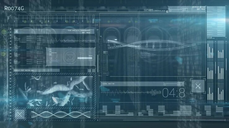 Animation of diverse data processing and graphs on screens in digital space