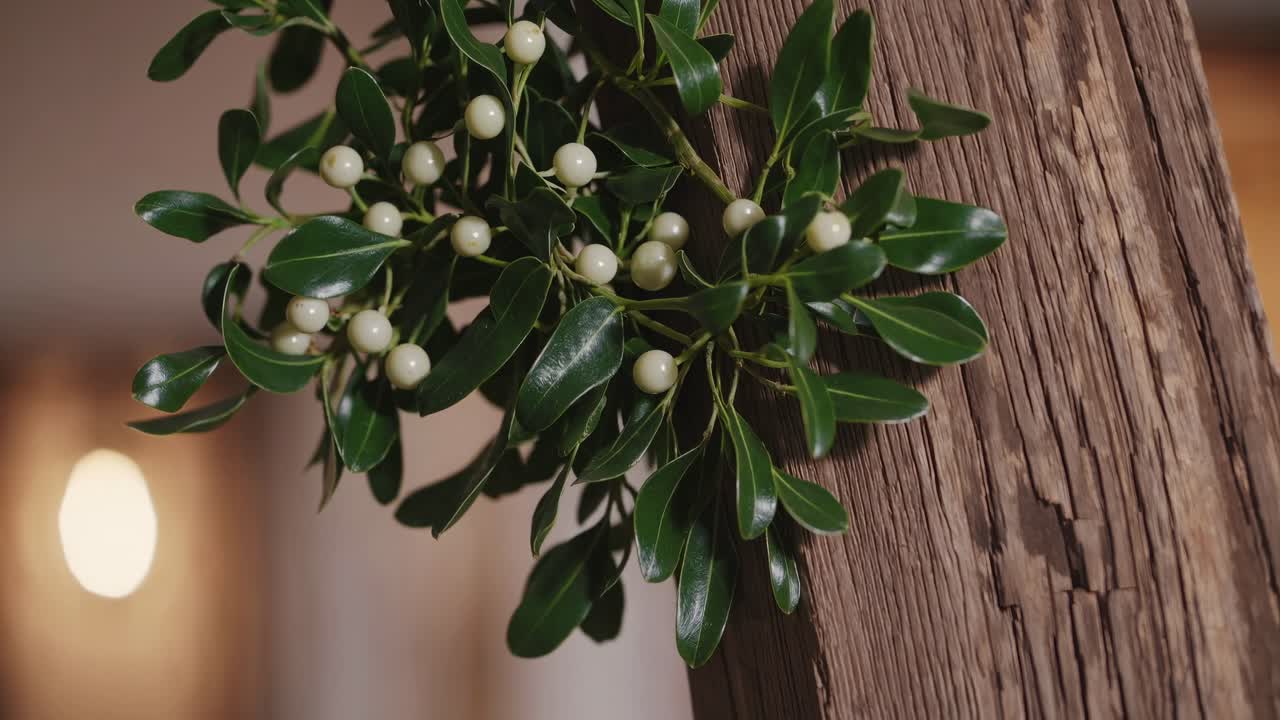 Close-up video shot of green leaves and white berries on rustic wood