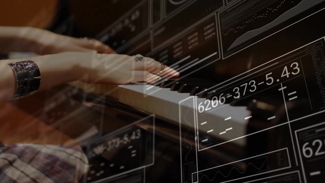 Pianist hands pressing digital keys while HUD panels fading and updating data in music tech studio