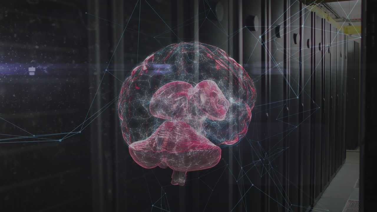 animación de conexiones y cerebro digital sobre la sala de servidores