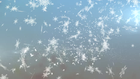 Digital-animation-of-snowflakes-falling-against-spot-of-light-on-blue-background