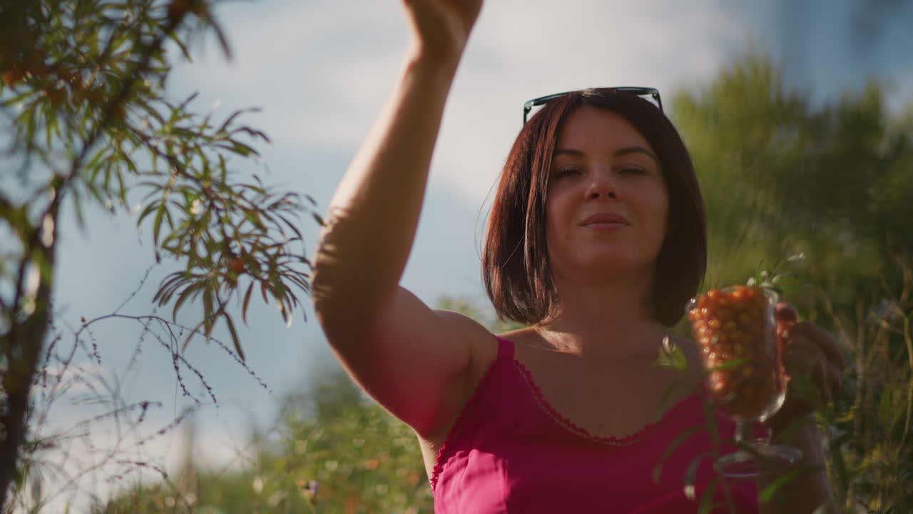 prado iluminado por el sol, mujer caucásica recogiendo bayas, alcanzando racimos naranjas para echarlos en un tarro de cristal, luz dorada cálida, brisa suave entre el follaje, ambiente relajado de jardinera y recolectora, al final de la tarde
