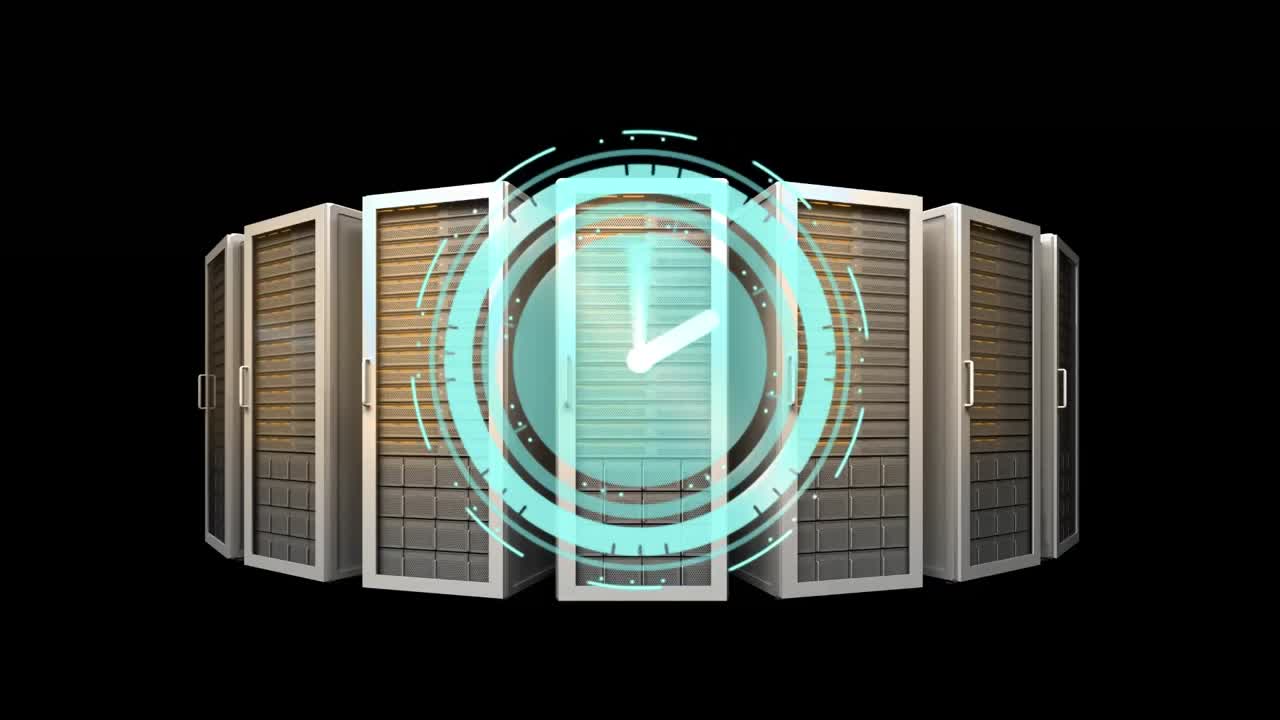 Animation of clock moving fast over computer servers