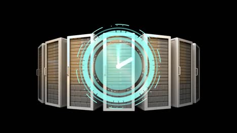 animación del reloj moviéndose rápidamente sobre los servidores de la computadora