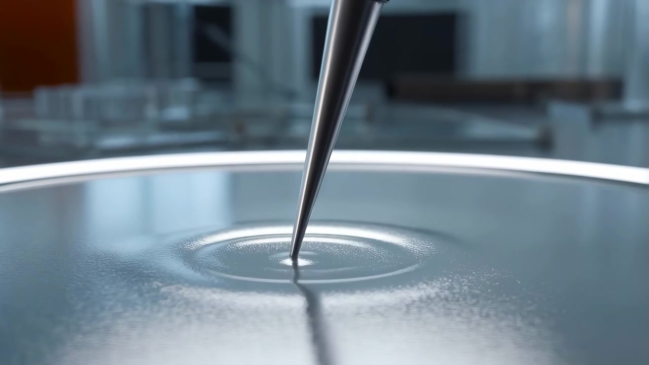 Gros plan en contre-plongée montrant la pointe fine d'une sonde métallique pressant délicatement un liquide à l'intérieur d'une coupelle circulaire peu profonde, créant des ondulations concentriques sur la surface réfléchissante sous une lumière clinique froide, avec sonde et aiguille