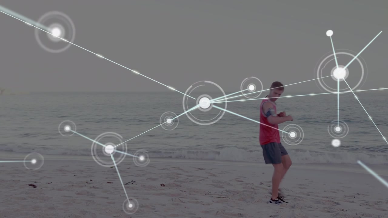 Animation of network lines connecting dots, caucasian man checking mobile while running at beach