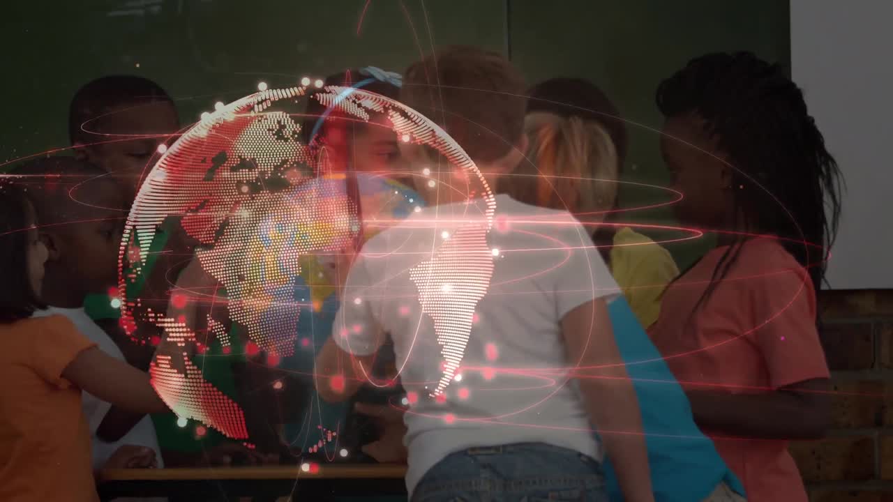 animación del globo digital sobre diversos y escolares leyendo el globo