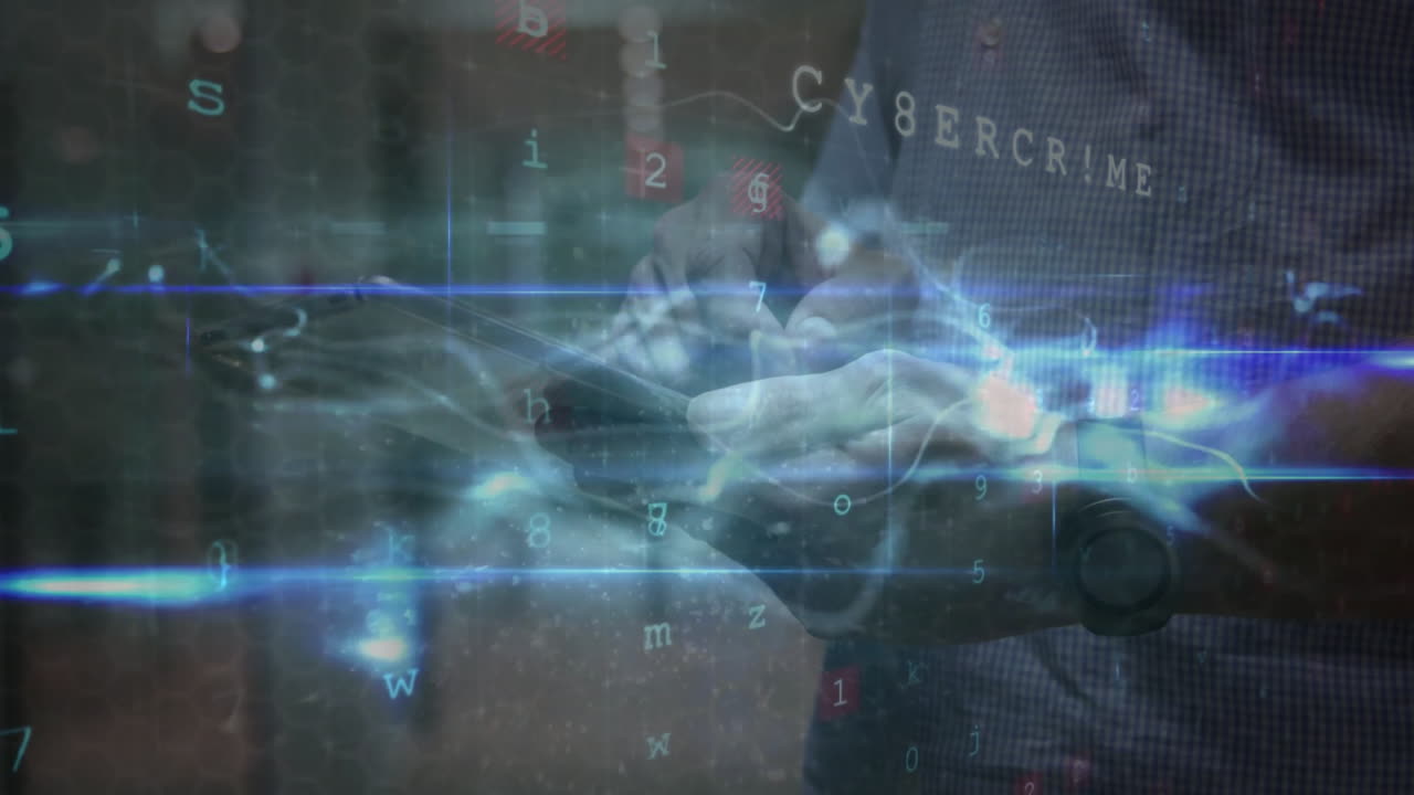 Mid-adult male holding tablet in tech lab, projecting holographic grid with floating characters