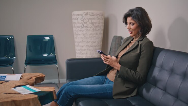 Confident businesswoman browsing smartphone in office. Woman laughing message