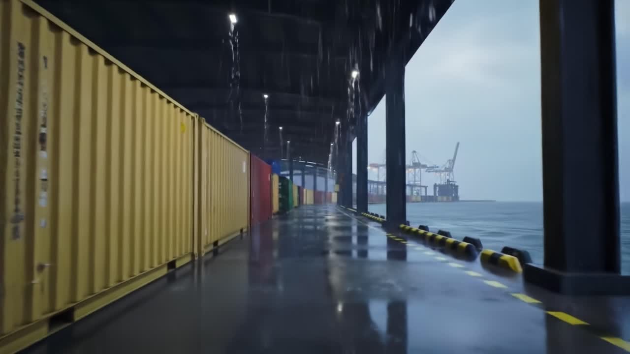 A Rainy Day at the Dock: Container Ship Transport Amidst Heavy Rain and Mysterious Atmospheric Conditions