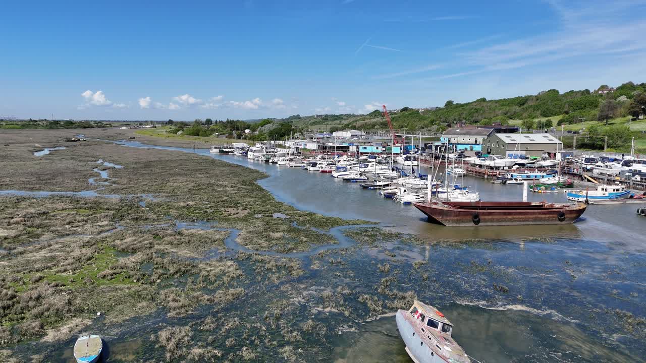 Boats moored Leigh on Sea Essex UK salt marshes drone,aerial