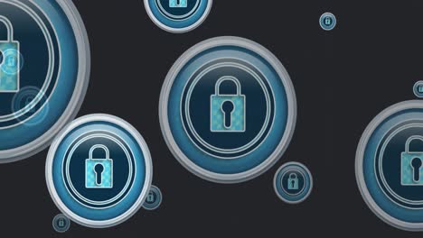 animación de los iconos de seguridad en línea de candado azul que vuelan sobre un fondo gris