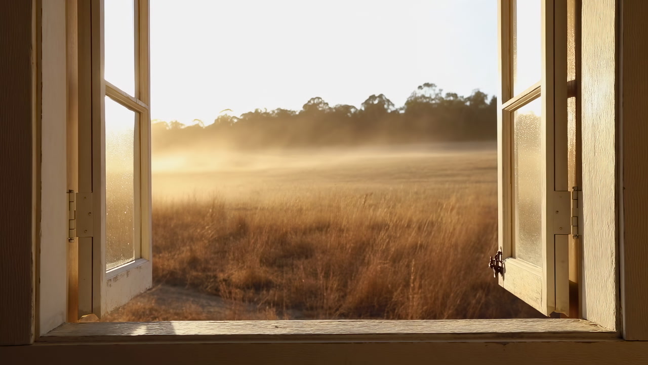 Open Window Overlooking Misty Golden Field, Farmhouse View Shows Low Morning Fog Lifting Over Grassy Meadow