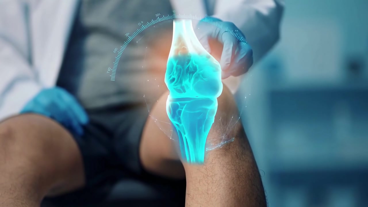 Médico Examinando la Rodilla del Paciente con Interfaz Médica Holográfica