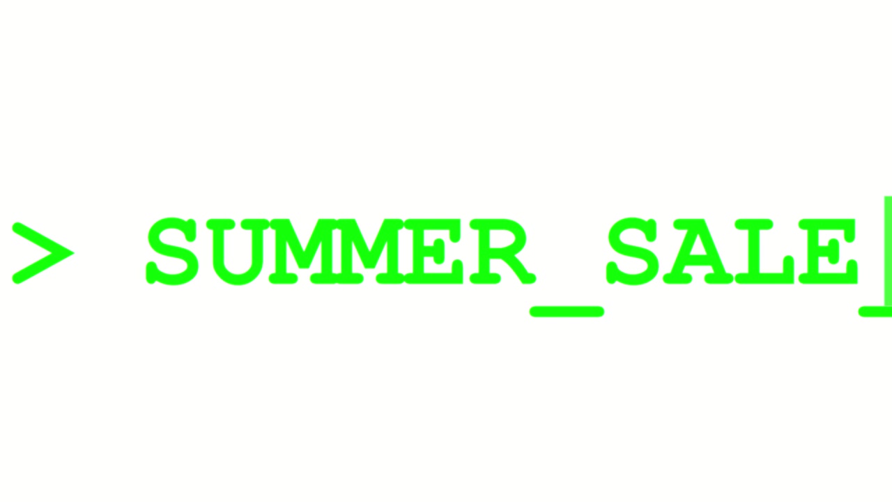 Summer sale terminal style typography animation with command line prompt and green interface elements on light background creating modern promotional visuals