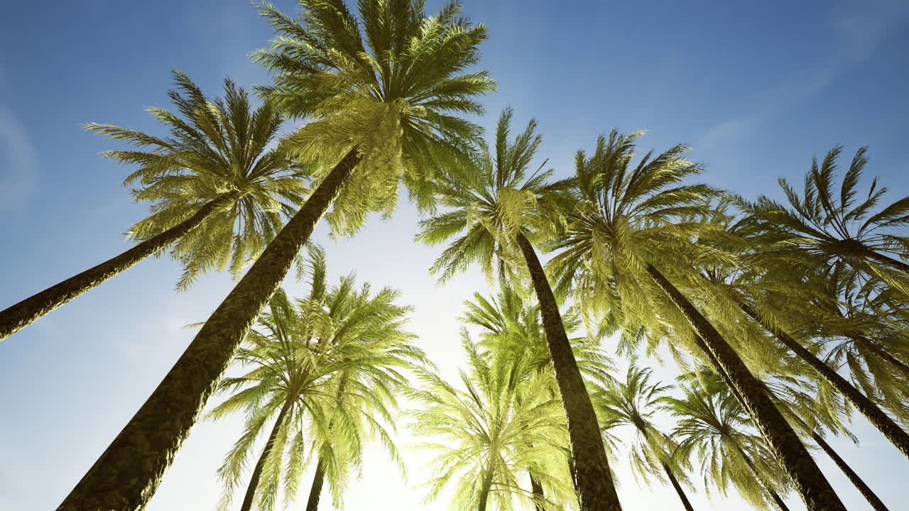 Tall palm trees reaching towards a bright sky in a sunny tropical setting
