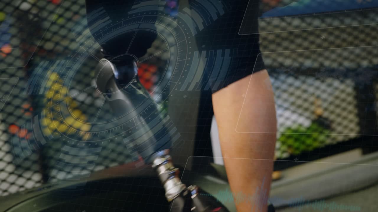 Animation of data processing over caucasian woman with prosthetic leg walking on treadmill