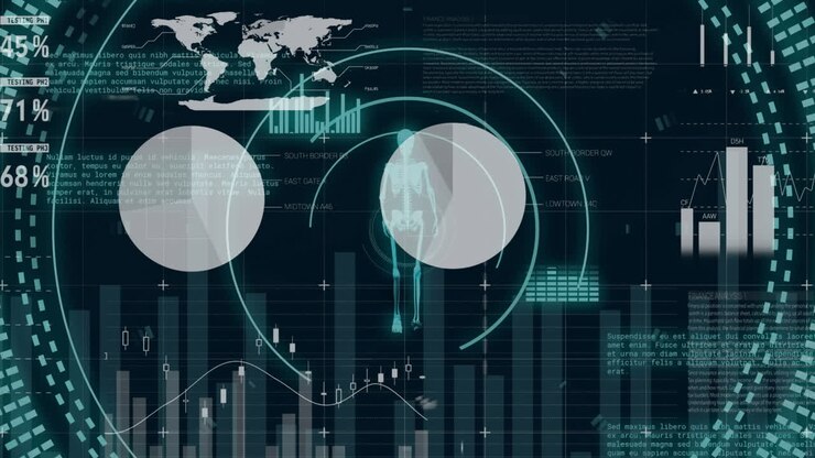 Animasjon av finansiell databehandling og skopskanning med menneskelig skjelett på svart bakgrunn