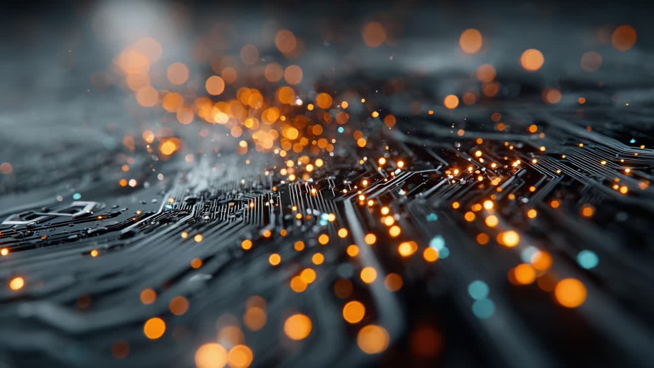 Boeiende close-up van een printplaat, uitgelicht door stralende oranje en blauwe vonken, die de ingewikkelde details van technologie laat zien