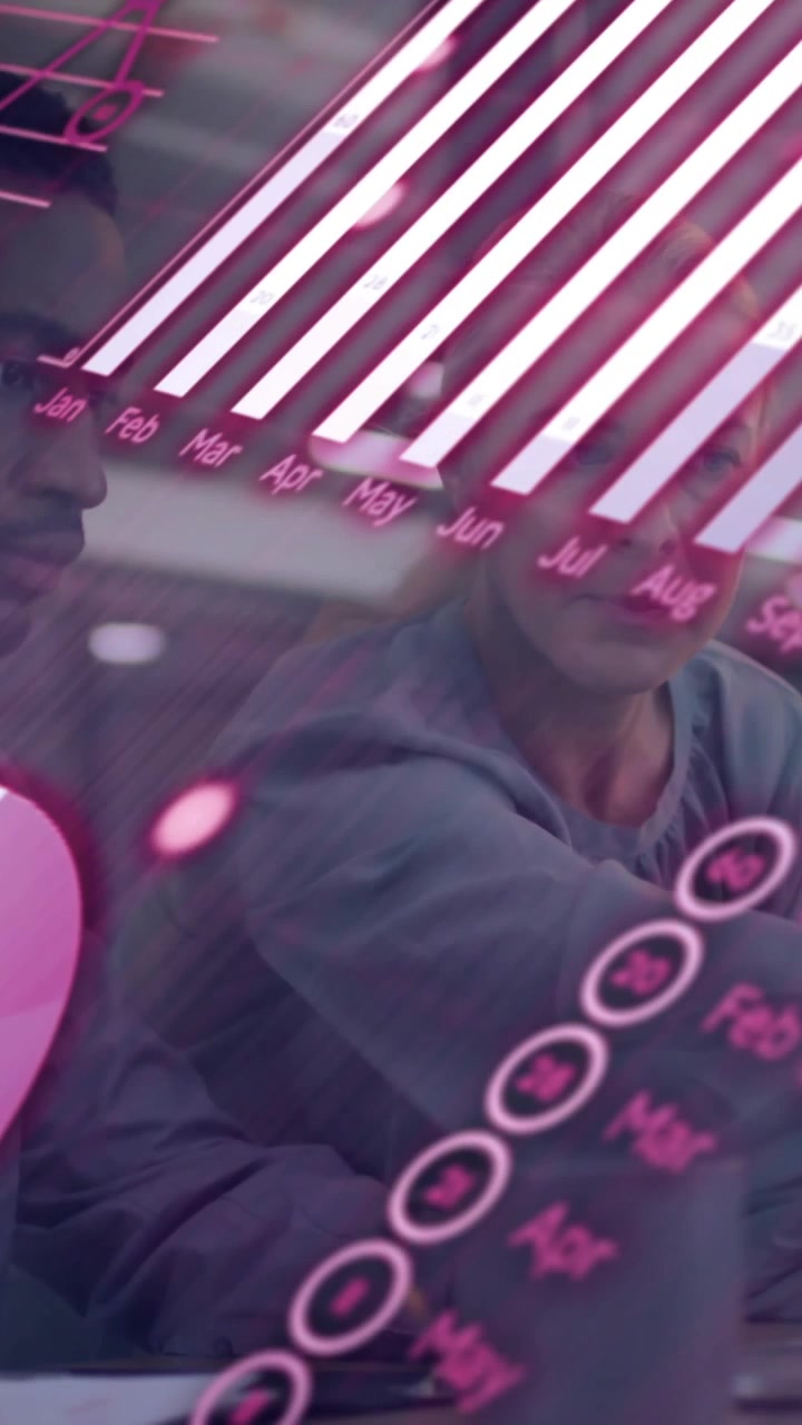 Animation of financial data processing over diverse colleagues discussing work in office