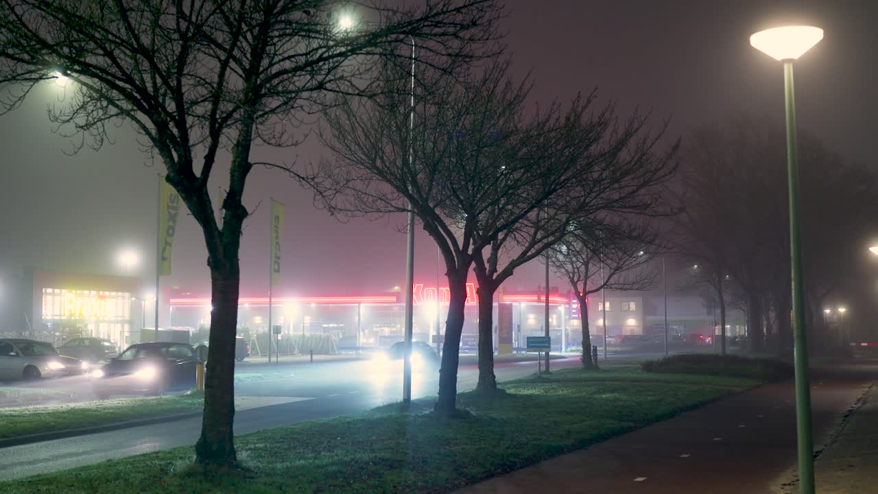 Foggy night street scene
