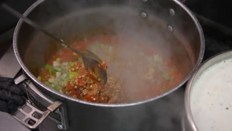 stirring chopped celery into a pot of homemade soup - slow motion